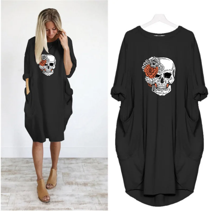 

Plus Size Black Dress Skull Print Long Sleeve Pocket Streetwear Clothes Autumn Knee-Length Vintage Women Sundresses