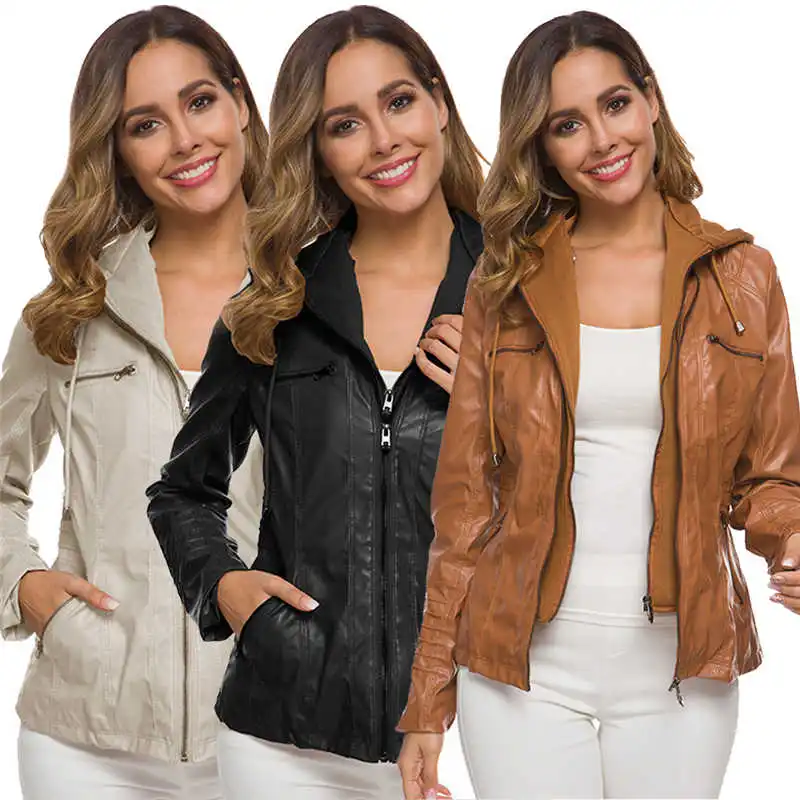 

Motorcycle Leather Coat Hooded Biker Fashion PU Outwear Winter Zip Women Jacket