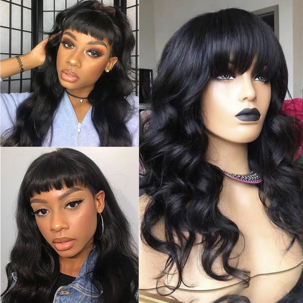 

Sapphire Brazilian Straight Human Hair Wigs With Bangs Remy Hair Machine Made Human Hair Wigs For Women Medium Length Fringe Wig