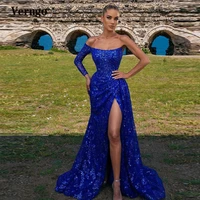 verngo royal blue sequin mermaid evening dresses one shoulder long sleeve side slit sweep train party prom dress sparkly