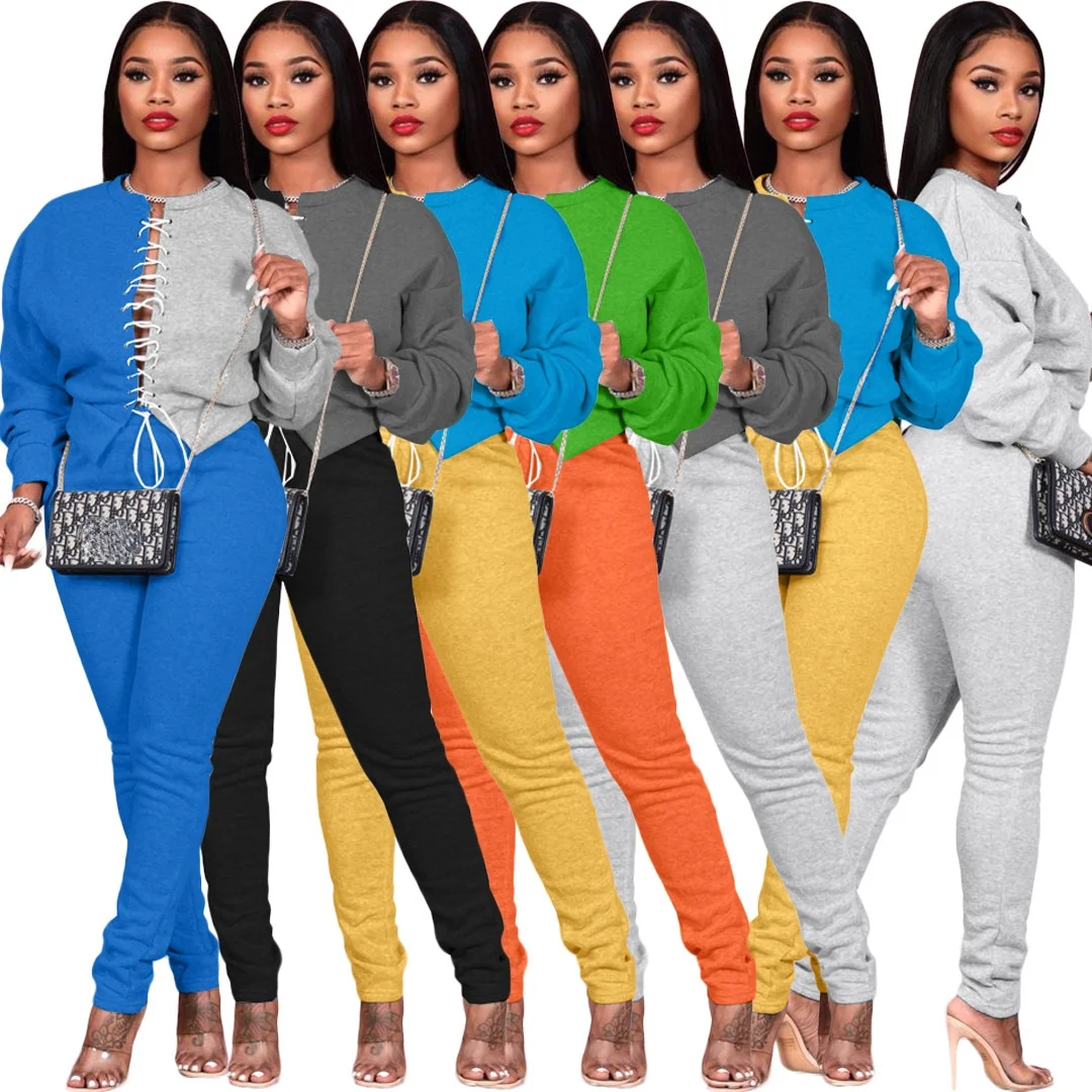 

Sexy women's fashion stitching bandage contrast color sweater two-piece suit spring and autumn new sports shirt 2021 fashion