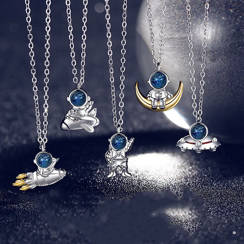 

Real 925 Standard Silver Creativity Space Astronaut Robot UFO Pendant Necklace Hip-hop Street Pop Personality Punk Jewelry