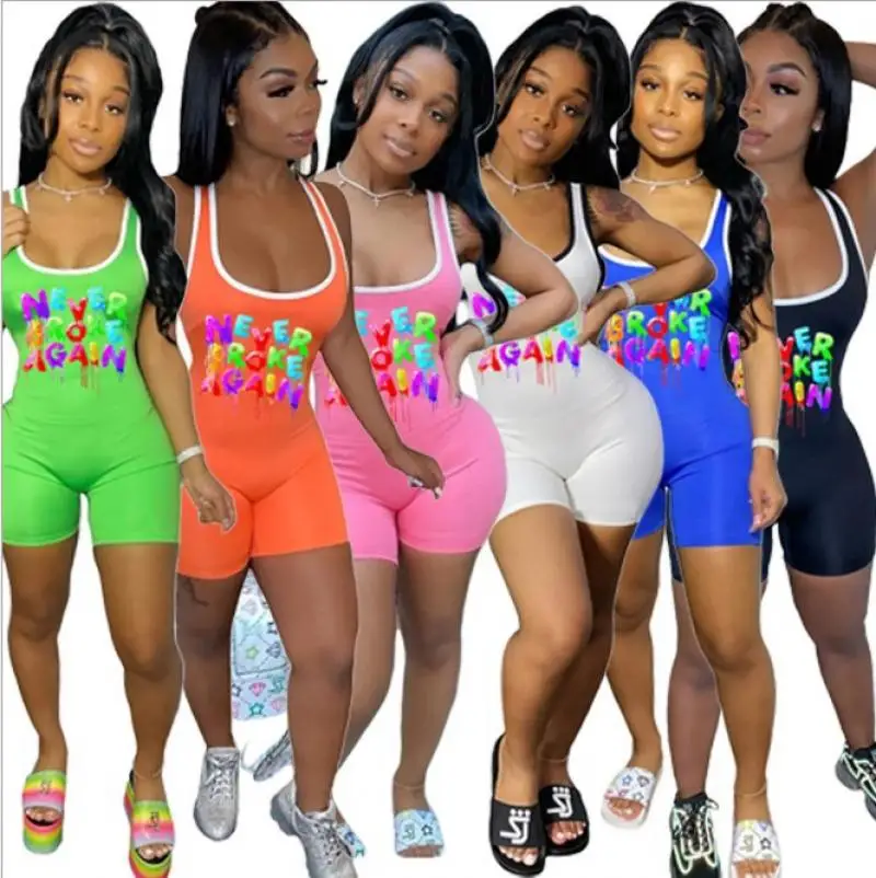 

2021 Women Summer Letter Print Racing Vest Sexy Sports Jumpsuit