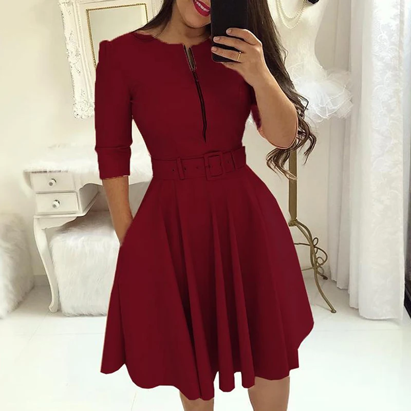 

Women Fall Half Sleeve Elegant Tunic Dress Female Solid Zipper Belted Pleated Casual Office Dress Vestidos Mujer