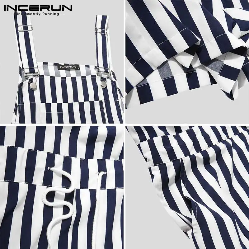 

Men Striped Rompers Pockets Casual Suspenders Bib Jumpsuits Streetwear Summer 2021 Fashion Men Overalls Playsuits S-5XL INCERUN