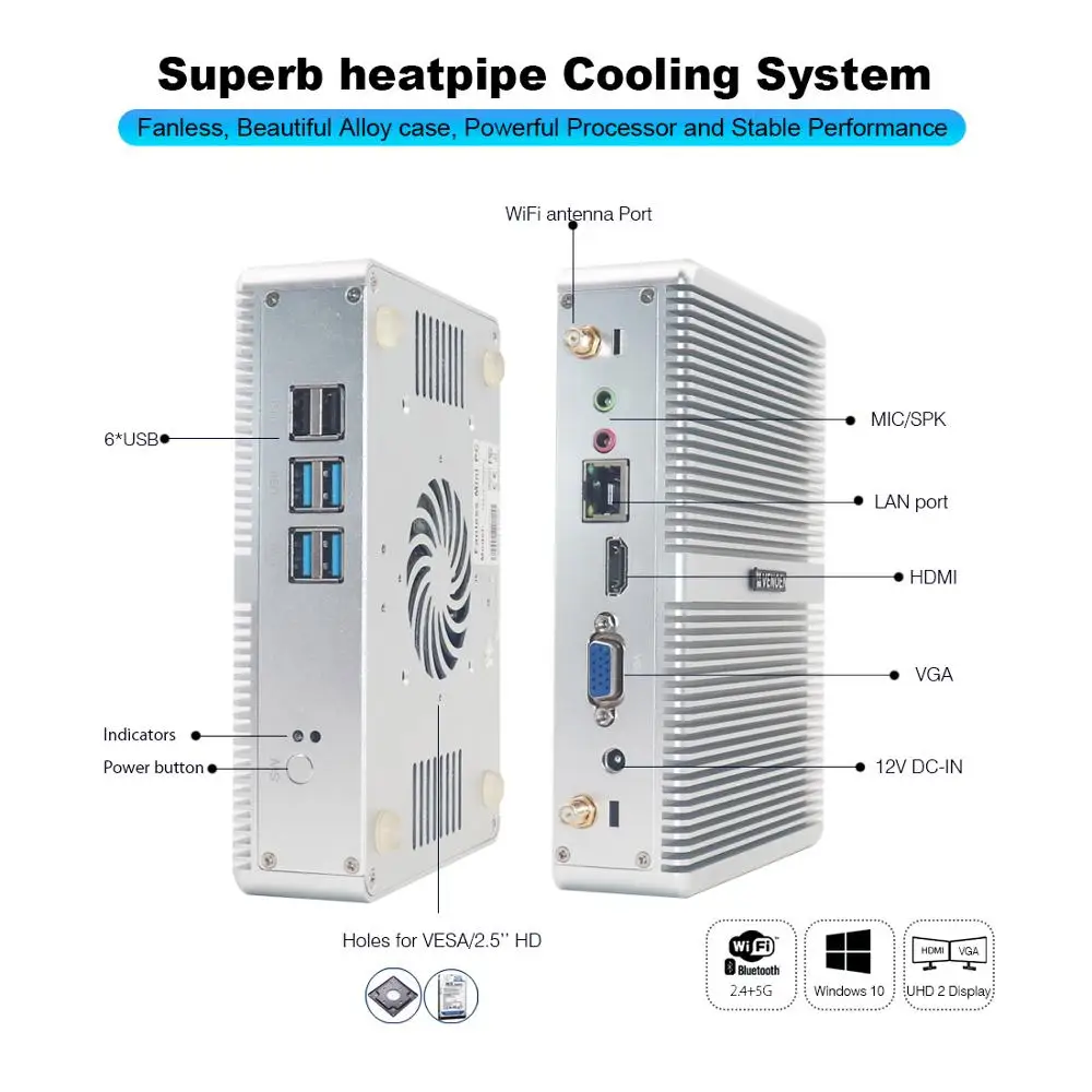 Core i5 7200U i7 5500U HYSTOU Мини ПК Windows 10 HDMI VGA двойной дисплей порт мини HTPC Компьютер Linux Celeron