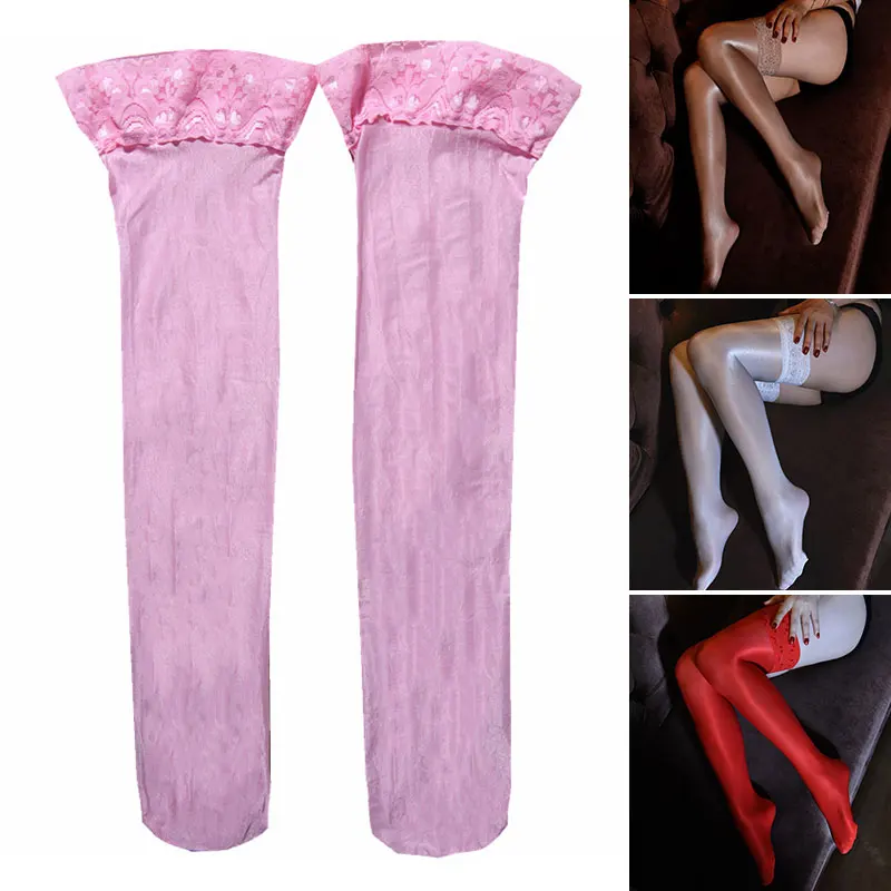 Women Sexy 70D Oil Shiny Thigh High Stockings Lace Top Pantyhose Anti-slip Silicone Transparent Long Over The Knee Silk | Женская одежда