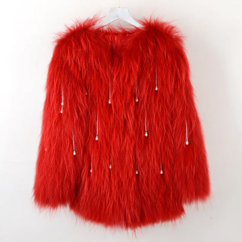 Length 60 cm women knitted real fox fur overcoat  new fashion stlye female coat Raccoon fur Hand woven coat beads detachable