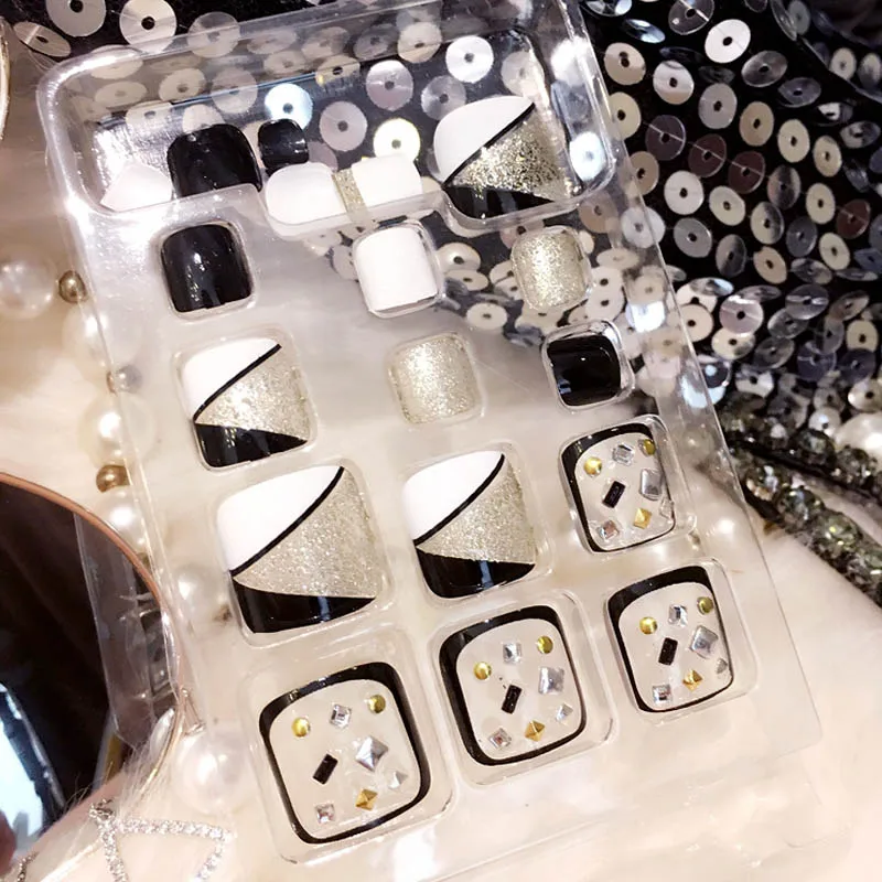 Черные прозрачные нажимные ногти золотые блестящие искусственные дизайнерские