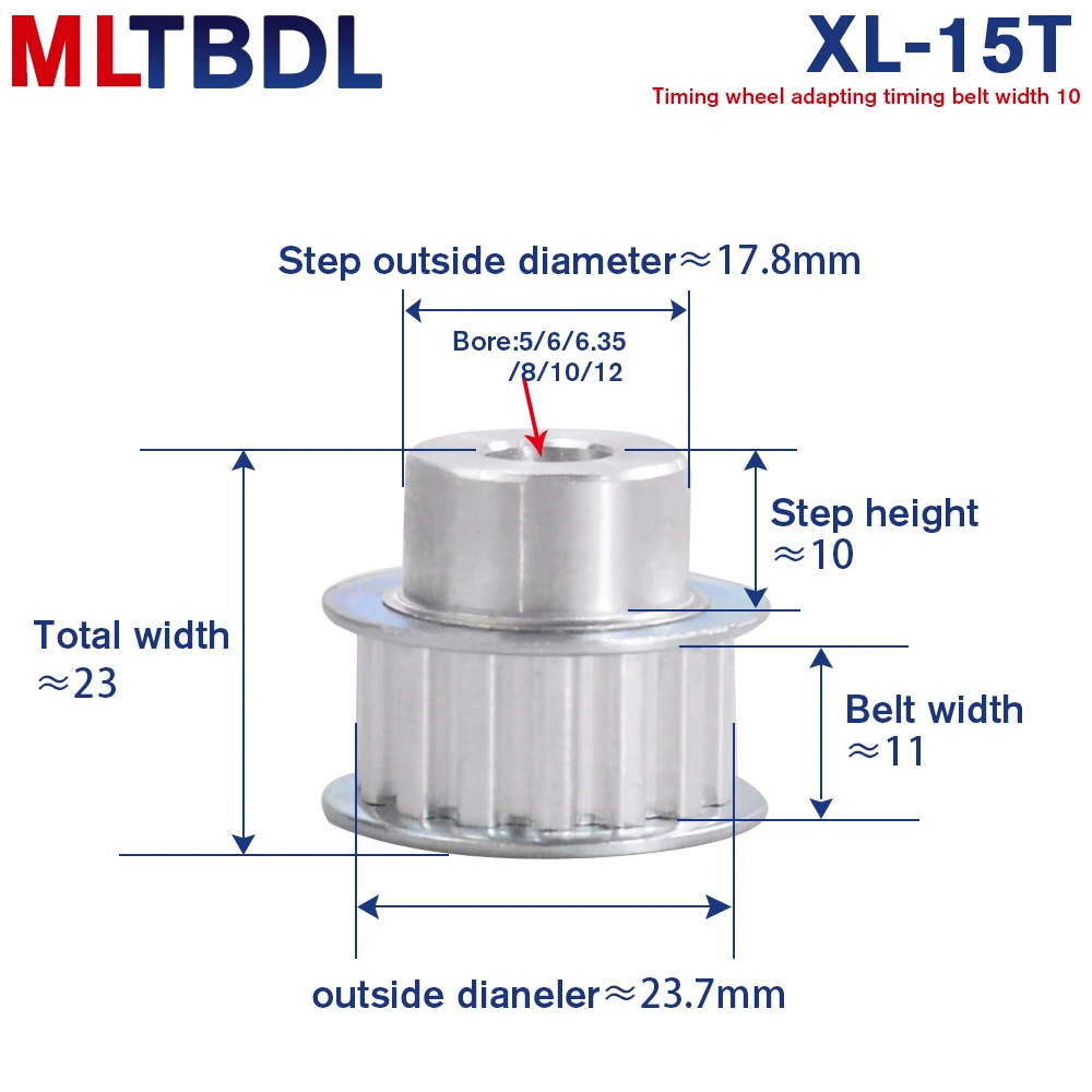

XL 15T Timing Pulley 11mm Width Toothed Belt Gear Pulley 5/6/6.35/8/10/12mm Bore 5.08mm Teeth Pitch 15Teeth Transmisson Pulley