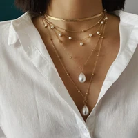 boho pearl muliti layered bead chain pendent necklace for women gold metal collar choker necklace fashion retro long chain gifts