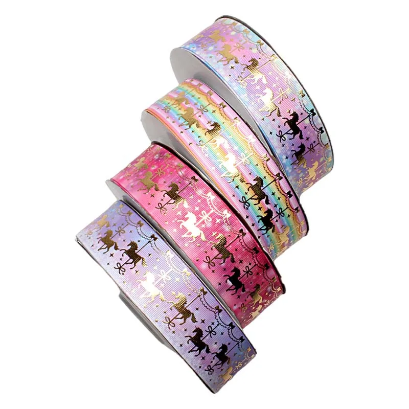 

Popular liston 1-1/2" 38MM carousel pattern gold foil printed grosgrain ribbon