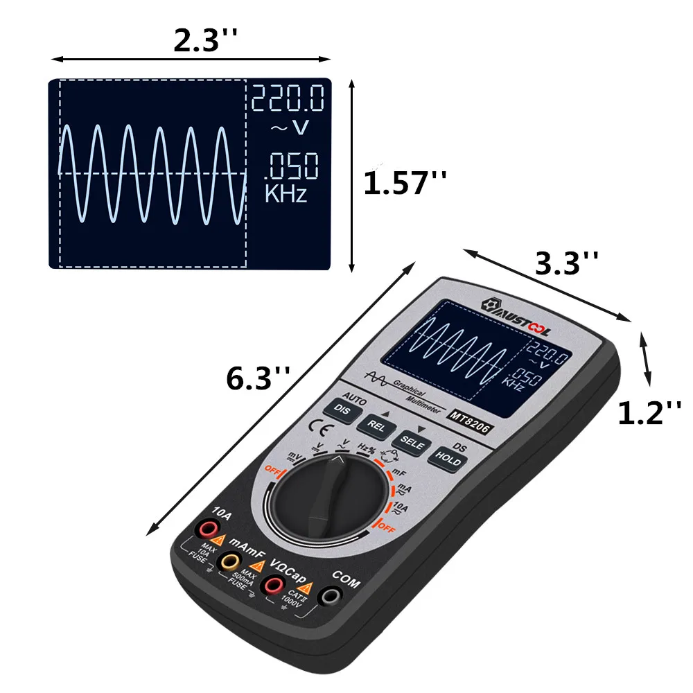 

Mt8206 Upgraded Digital Oscilloscope Multimeter 2 In 1 Intelligent Analog Bar Graph 200k High-Speed A/D Sampling