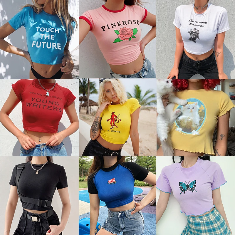 

IAMSURE Short Sleeve Basic T-Shirt Women 2021 Summmer Cute Slim Printed Crop Top Sweet Girl Casual Tees Streetwear Korean Style