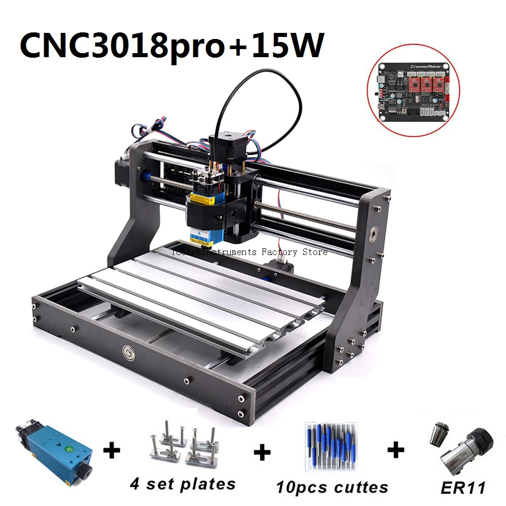 Лазерный гравировальный станок 15 Вт CNC3018 Pro ER11 15000 МВт фрезерный для древесины PCB