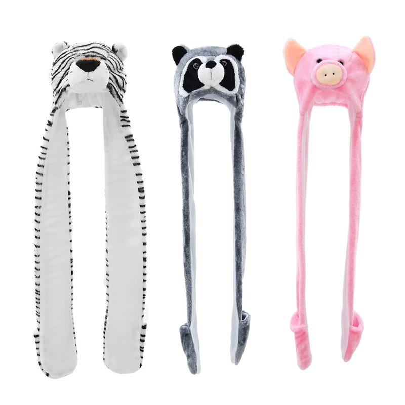 

3 In 1 Women Men Fuzzy Plush Cartoon Animal Hoodie Scarf Hat with Mittens Gloves Winter Warm Earflap Beanie Cap Neck Warmer Cosp
