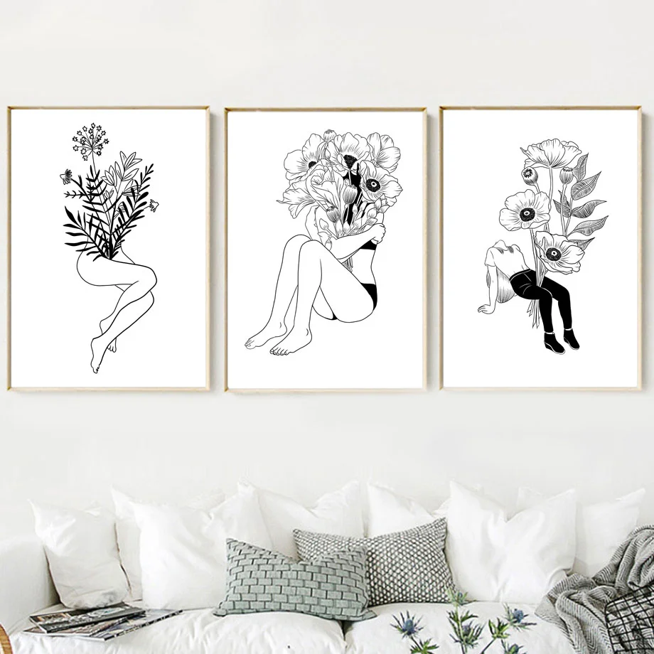 Плакаты и принты в скандинавском стиле с цветочной девушкой настенные