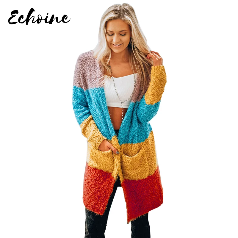

Multicolor/Pink/Brown Color Block Drape Oversized Knitted Sweaters Open Cardigan Women Long Sleeve Front Side Pocket Striped Top