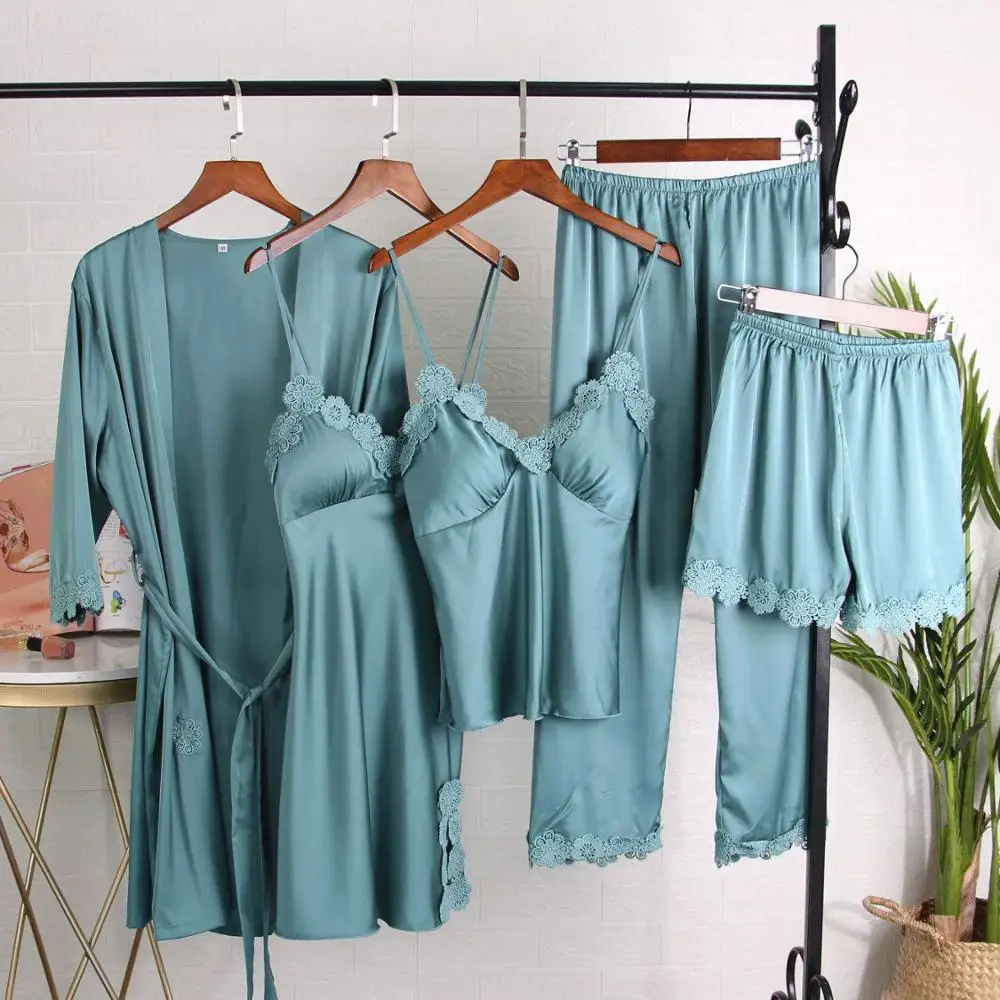 

Solid Color Summer Pajamas For Women 5PCS Set Silk Intimate Spaghetti-Strap Sexy Lingerie Lounge Casual Home