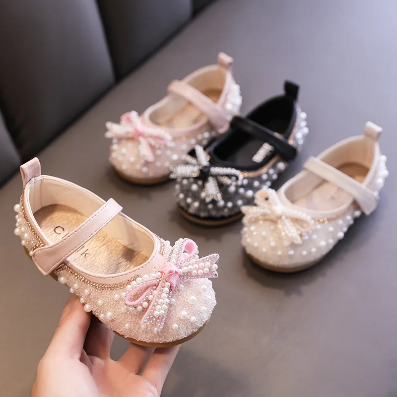 

Baby Girls Shoes Autumn Kids Children Pearl Bow-knot Birthday Party Princess Shoes Comfortable Soft Bottom Student Dancing Shoes