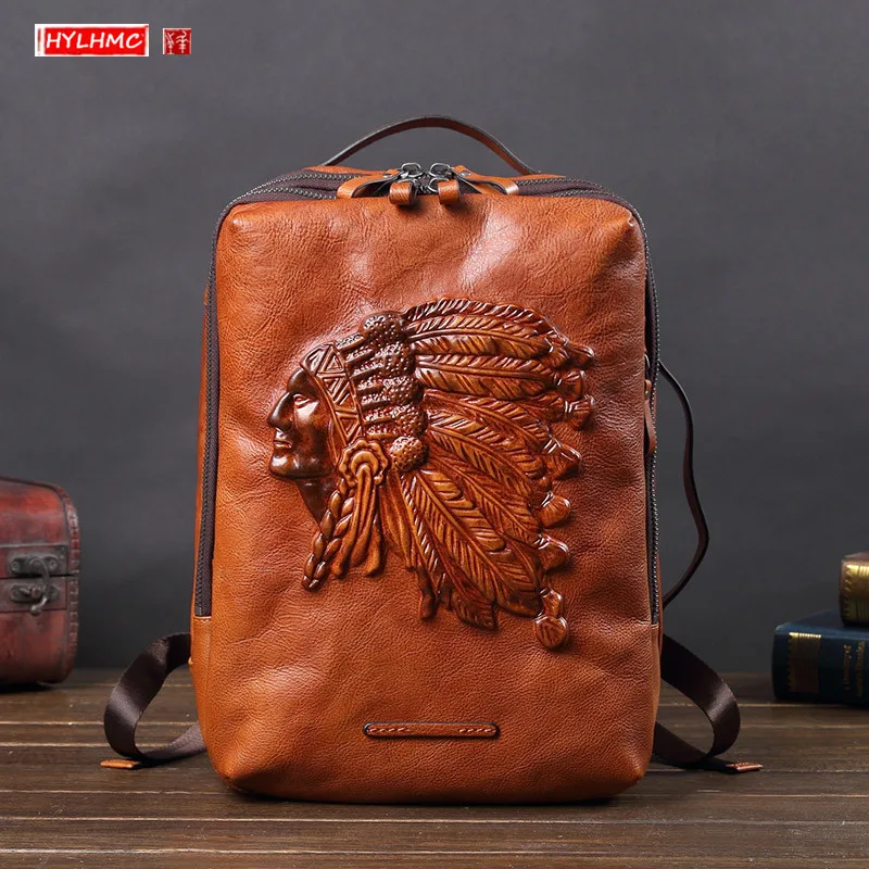 

Vintage Leather Men's Backpack Male Laptop Shoulder Bag Men Large Capacity Travel Backpacks Cowhide Schoolbag Indian Cow Leather