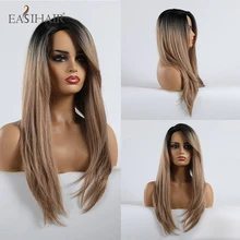 EASIHAIR длинные Омбре черный коричневый прямые парики с волнистой боковой челкой синтетические парики для черных женщин Glueless Косплей парики