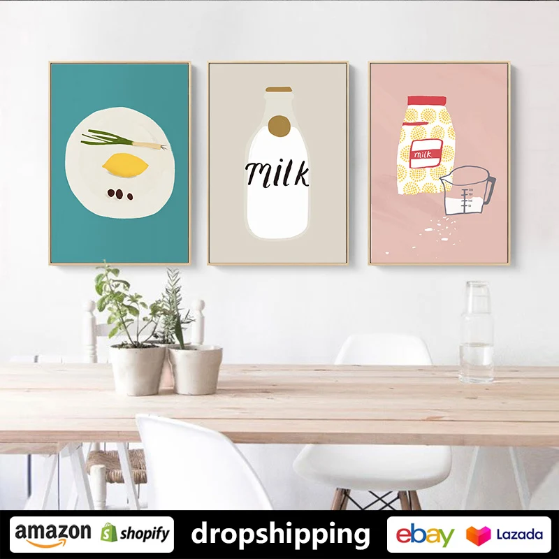 

ART ZONE Modern Cartoon Cerativity Milk Bottle Bread prints Wall Art Canvas posters Artwork Restaurant Kitchen dining room Decor