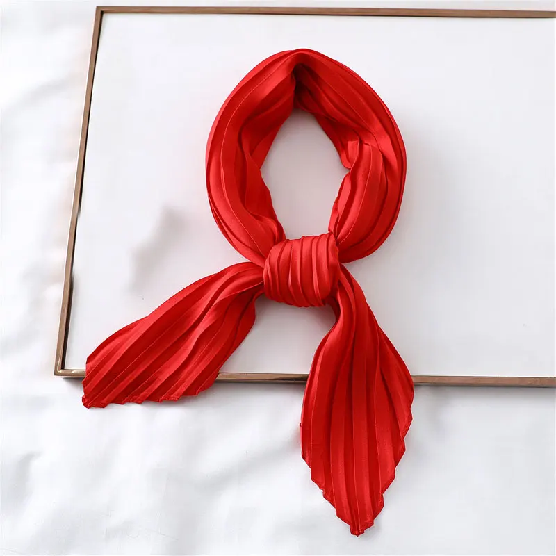 

70*70cm Fashion Satin Pleated Small Ring Scarf Luxury Solid Color Silk Neck Scarfs Femme Crinkle Hair Band Scarves