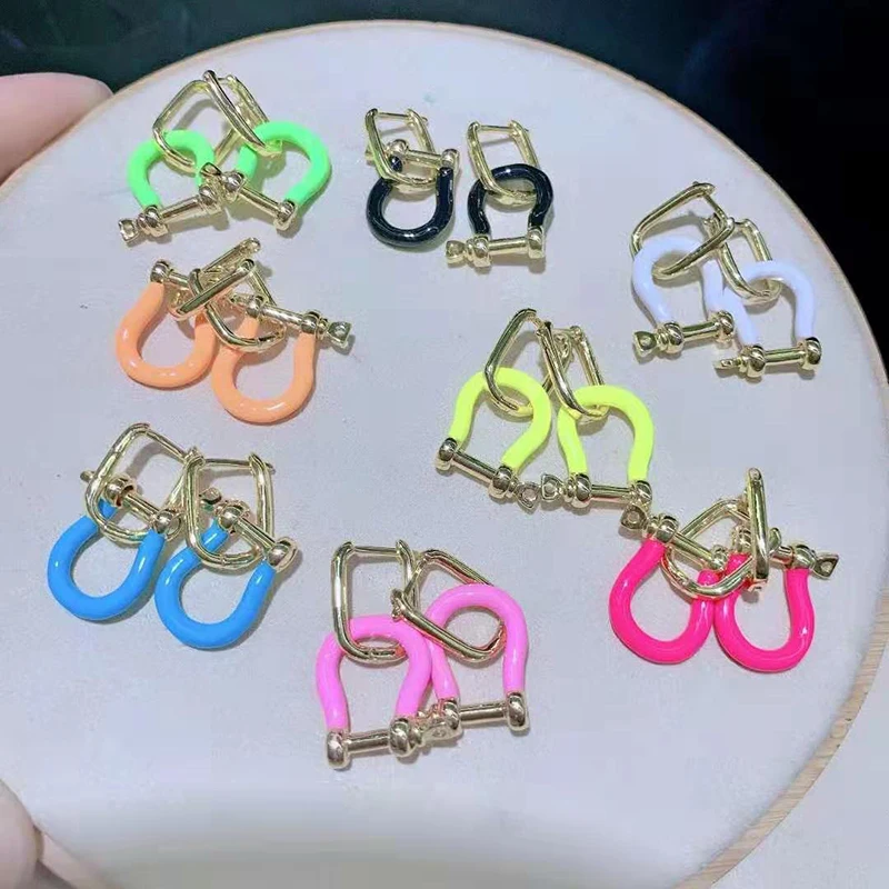 

2Pairs/lot Women High Quality Gold Color Charm Gold Colorful Enamel Hoop CZ Earrings