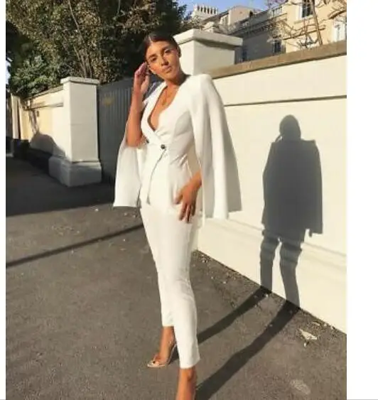 

White Formal Pant Suits Women's Cape Blazer Double-breasted Party OL Suits Sets