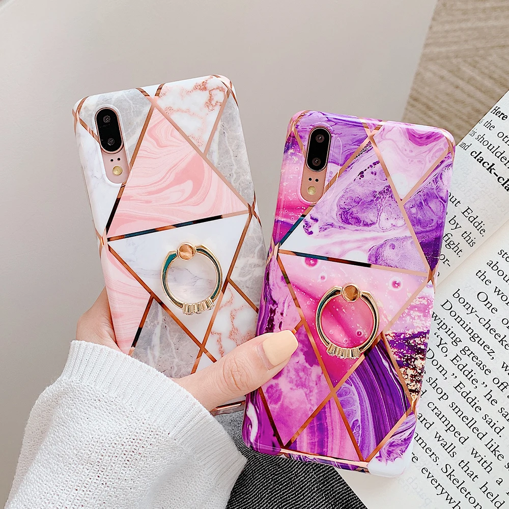 SUYACS гальванический геометрический мраморный чехол для телефона для huawei P20 P30 Pro mate 30 20 Lite кольцо подставка мягкий IMD чехол для телефона