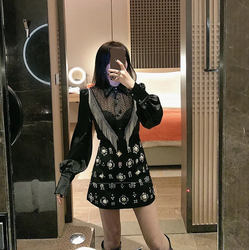 WHITNEY WANG Blouses 2020 Spring Fashion Hollow Out Lace Patchwork Beading Tassel Blouse Women Blusas Office Lady Shirt Top | Женская