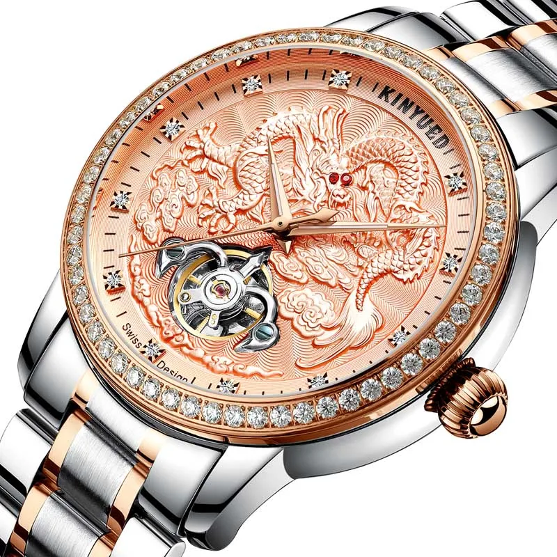 Rose gold KINYUED, новинка, золотой дракон, дизайн, механические часы, мужские, коричневые, кожа, светящиеся, водонепроницаемые, автоматические часы, алмаз, турбийон, часы - Цвет: Rose gold