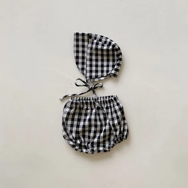 Summer Baby Girls Boys Shorts Plaid Cotton Baby Bloomers Hat Clothes Set Infant Toddler Kids Photo Props Roupa Bebe Diaper Cover images - 6