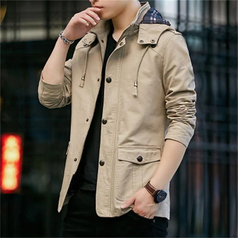 

Trench Coat Men Windbreaker Casual Mens Jackets Hooded Male Trench Coats Men Overcoat Turn-down Collar Fashion Men's Clothing