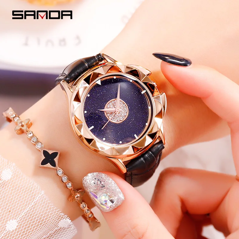 Sanda новые женские часы с ремешком модные трендовые кожа звездная звезда вращение