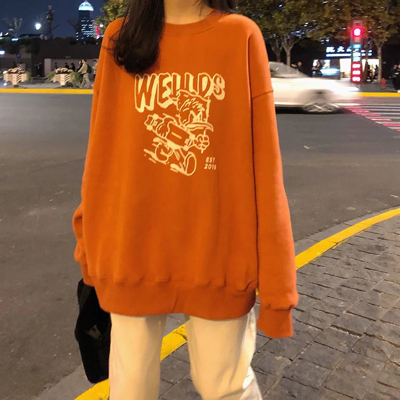 

Милые женские пуловеры оверсайз в стиле Kpop на осень и зиму, милый Повседневный свитшот с длинным рукавом и принтом, топы в стиле Харадзюку, М...