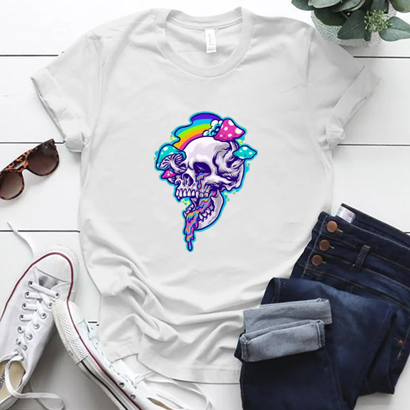 

Seeyoushy Funny Colorful Mushroom Skull Print Tshirt Women Tee Vintage Poleras Mujer Harajuku Graphic Short Sleeve Oversize Top