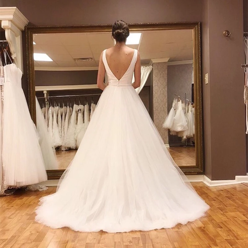 Sexy V-neck A-Line Wedding Dresses 2020 Nova Praia Simple White Ivory Tulle Sashes Bridal Gown