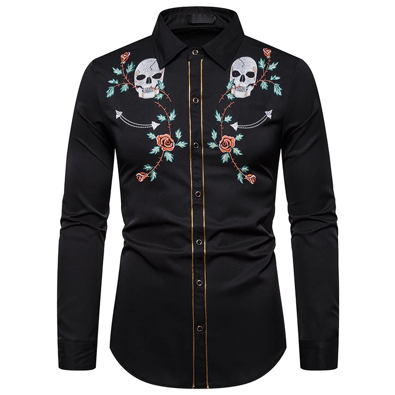 MJartoria новые мужские западные череп ковбоя цветок вышивка рубашка Slim Fit повседневные Длинные рукава пуговицы вниз вечерние мужские рубашки - Цвет: Black