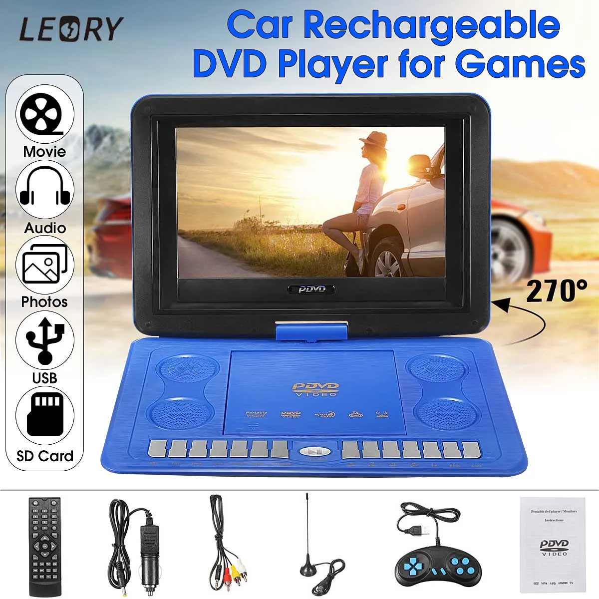 270 Вращение 13,8 дюймов портативный HD tv домашний автомобильный dvd-плеер VCD CD MP3 MP4 перезаряжаемый автомобильный dvd-плеер мультимедийный игровой плеер