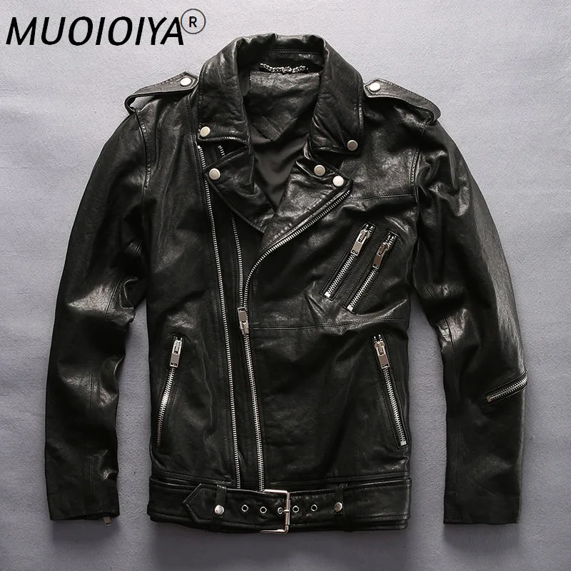 

Factory New Men Black Motorcycle Biker Jacket Vegetable tannin Sheepskin Double zipper Adjustable waist Slim fit Jackets