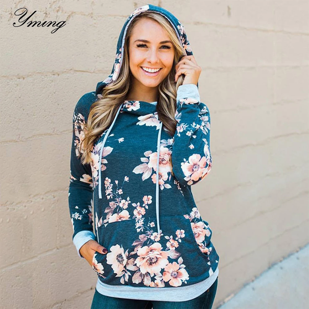 YMING Boho женские толстовки с цветочным принтом пуловер с длинным рукавом с капюшоном костюм с карманами Blackpink женская одежда