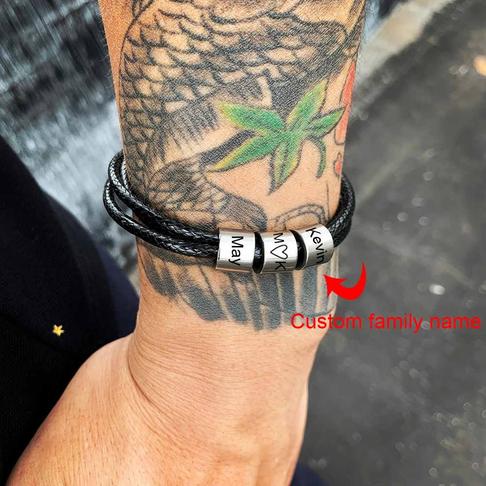 Мужской браслет из нержавеющей стали черный веревочки с индивидуальным