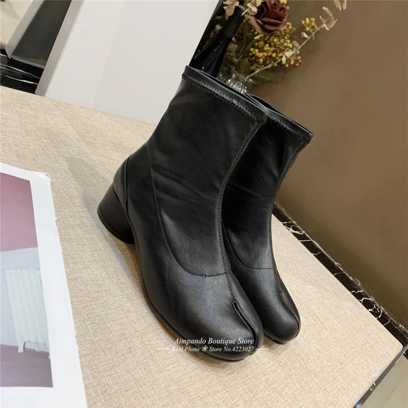 New Autumn Stretch Ankle Boots Novelty Split Toe Boots Women Cozy Round Heel Genuine Leather Riding Booties Fashion Short Botas
