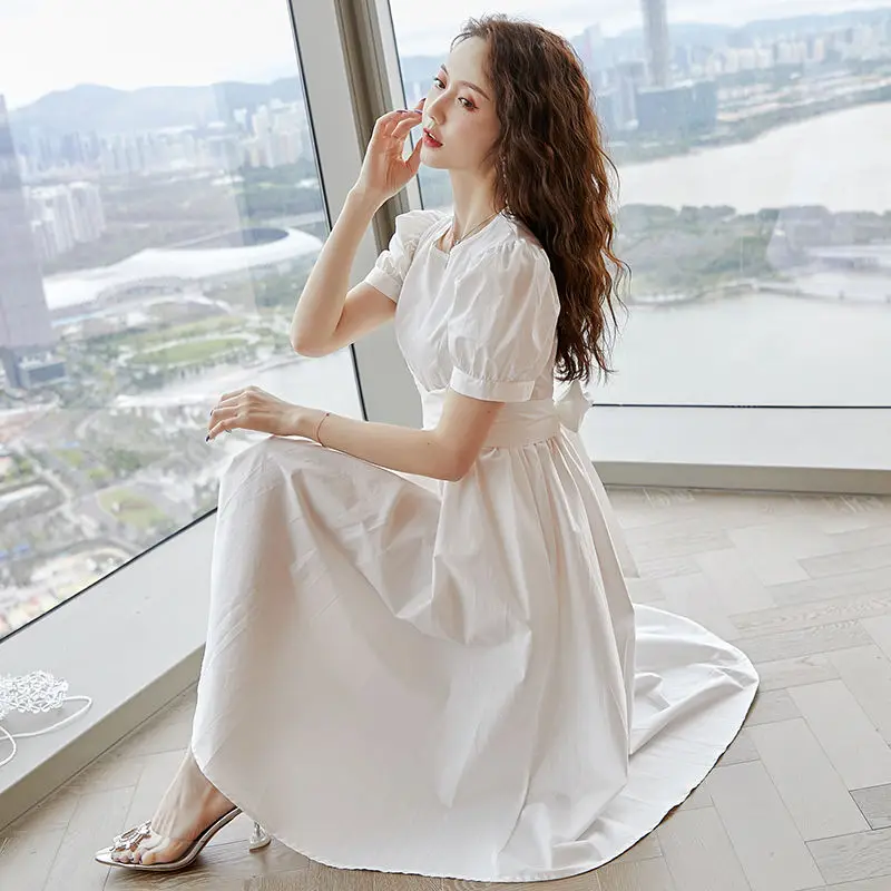 

2021 Women Spring Summer Elegant Short Sleeve Dress Ladies Lace Up O-neck Solid Pleated Dresses Female Casual Loose Vestidos K59