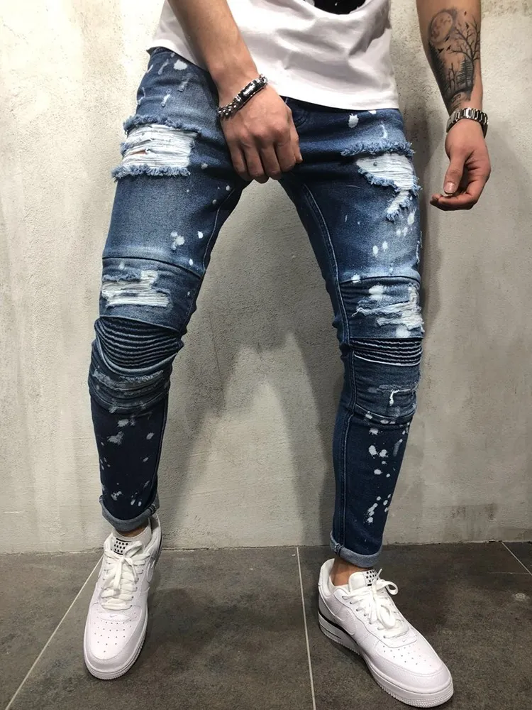 

2021 Men Painted Stretch Skinny Jeans Slim Fit Ripped Distressed Pleated Knee Patch Denim Pants Brand casual trousers for men