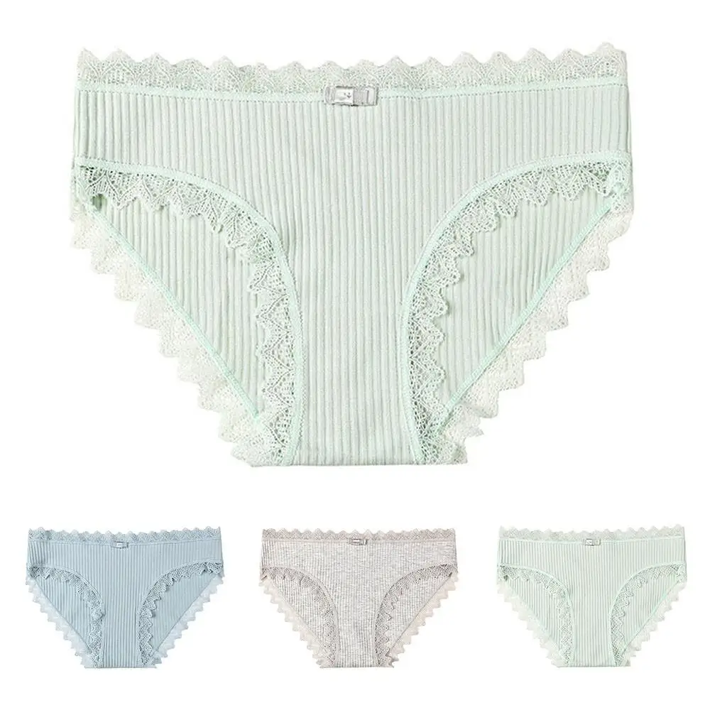

Women Knitted Briefs Knickers Seamless Lace Patchwork Panties Lingerie Soft Solid Color Underpants 3 PCS
