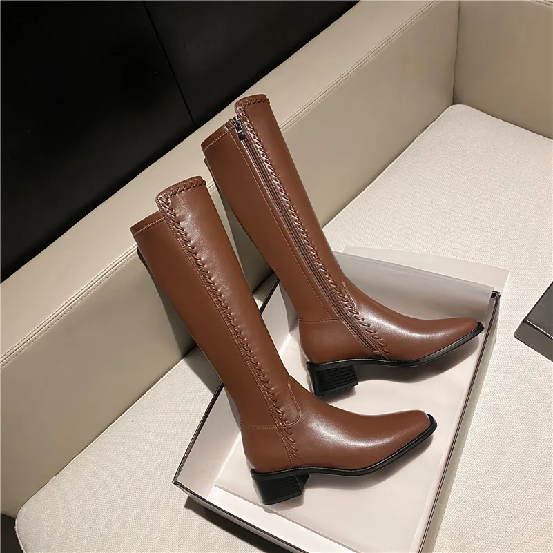 

Meotina Women Knee High Boots Shoes Square Toe Chunky Heels Fashion Boots Ladies Zipper Mid Heel Long Boots Autumn Winter Brown