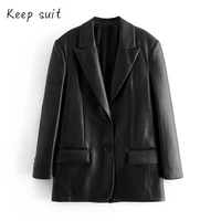 elegant black pu blazer female fake pocket casual long sleeved single button office autumn and winter ladies korean blazer 2022
